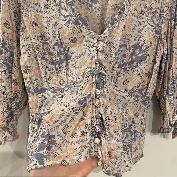 Abercrombie & Fitch Pastel Pink Light Blue Boho Quarter Sleeve Button Blouse - Picture 3 of 8